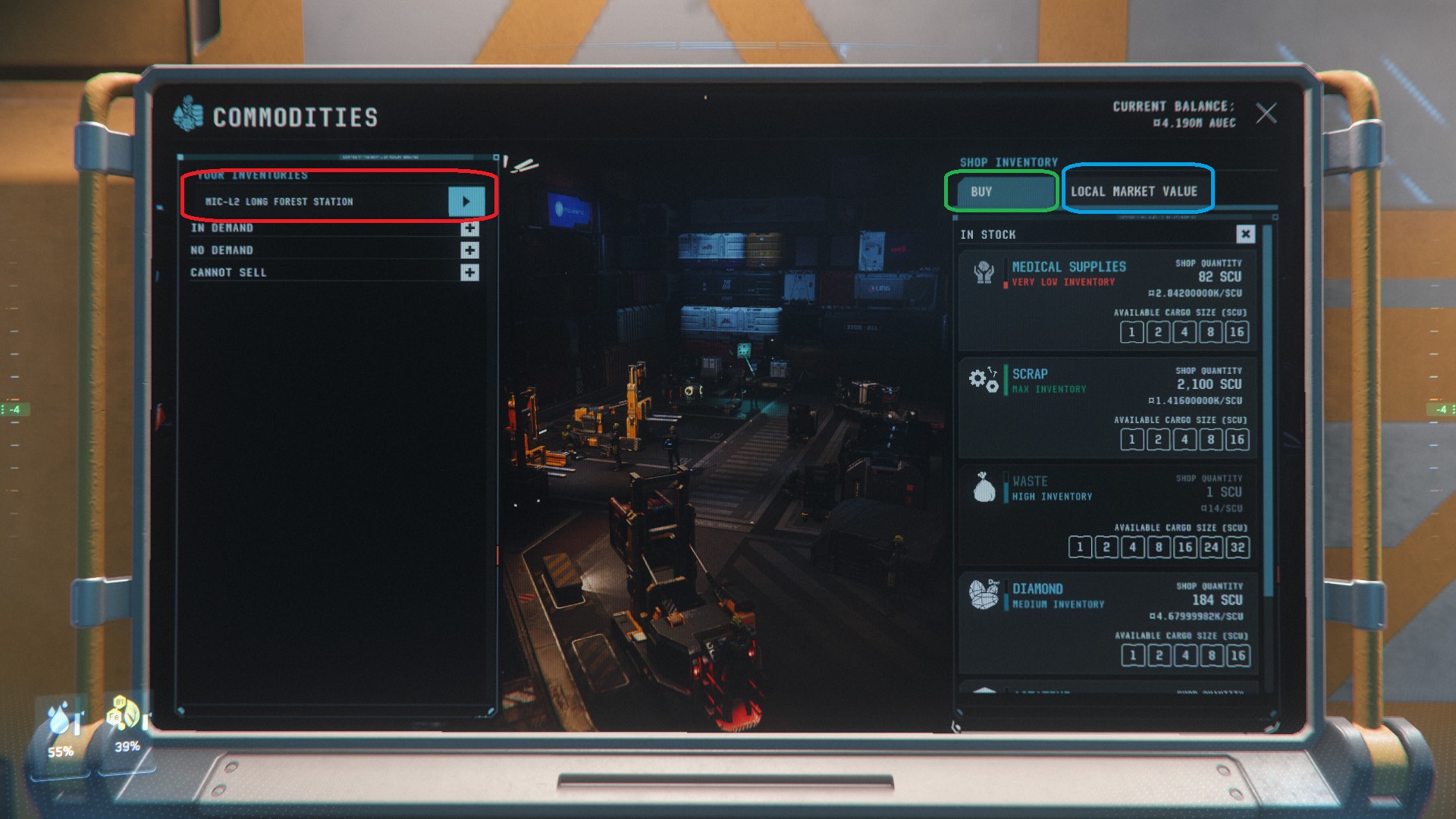 Exemple terminal Star Citizen (BUY / LOCAL MARKET)